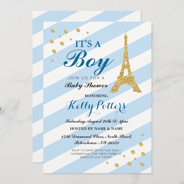 It's a Boy Blue Baby Shower Eiffel Tower Stripe Invitation (Front/Back)
