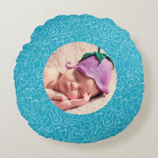 It's a Boy Blue Baby Shower Personalized Round Pillow (Front)