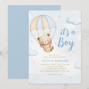 Its a boy blue balloon boho Teddy Bear baby shower Invitation