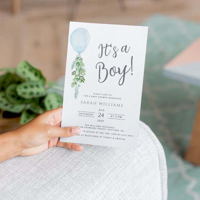 It's a Boy Blue Balloon Eucalyptus Baby Shower Invitation (Creator Uploaded)