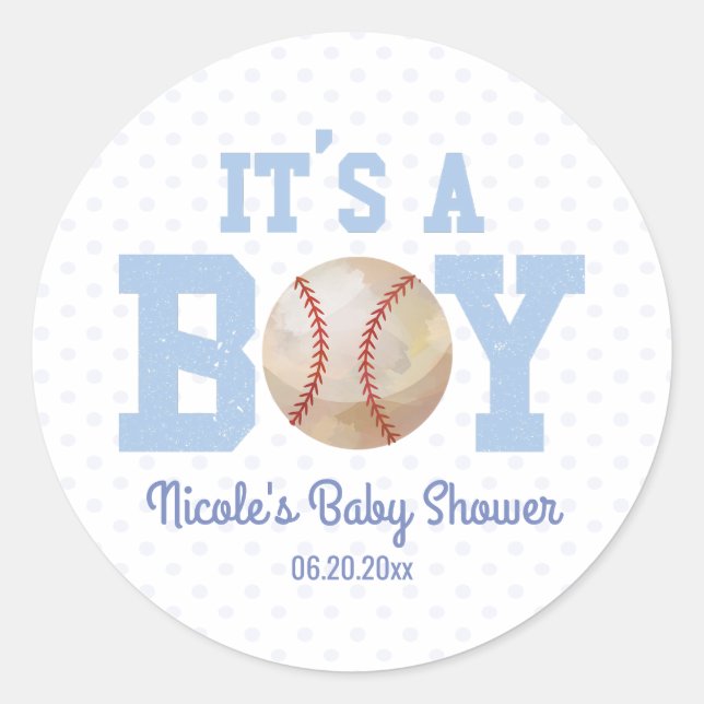 It's A Boy! Blue Baseball Baby Shower Party Favour Classic Round Sticker (Front)
