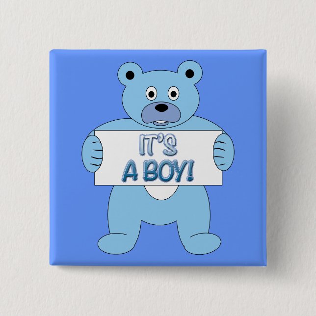 It's A Boy Blue Bear 2 Inch Square Button (Front)