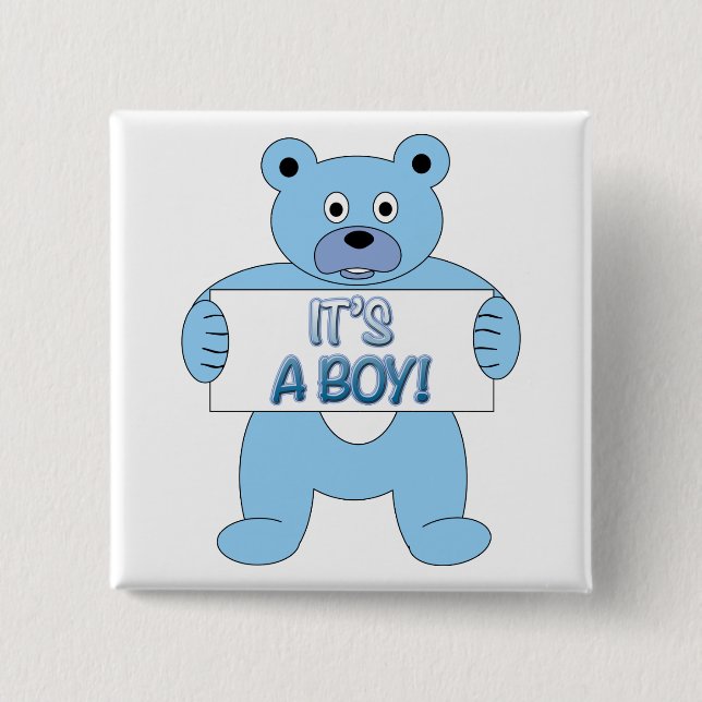 It's A Boy Blue Bear 2 Inch Square Button (Front)