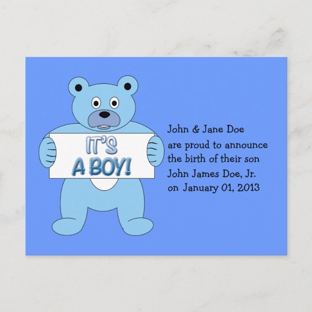 It's A Boy Blue Bear Announcement Postcard (Front)