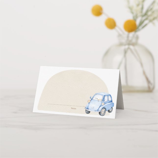 It's A Boy Blue Boho Baby Shower Car Toy  Place Card (Front)