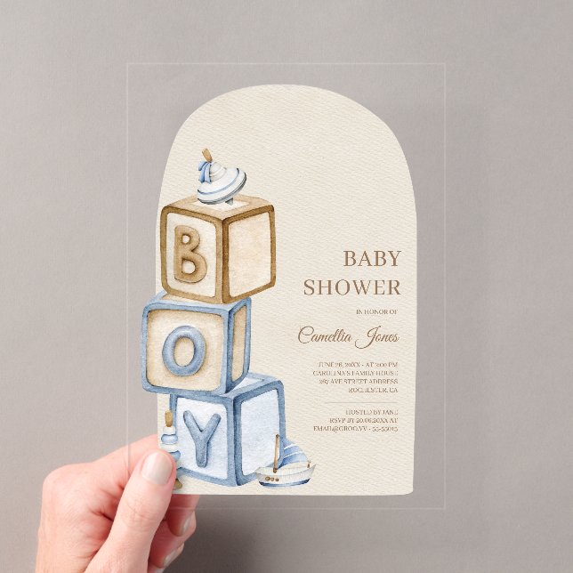  It's A Boy Blue Boho Blocks And Toys Baby Shower Acrylic Invitations (Insitu (Handheld))