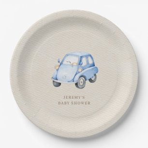 It's A Boy Blue Boho Watercolor Retro Car Paper Plate