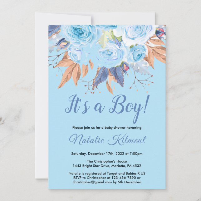Its a Boy Blue Botanical Floral Boy Baby Shower Invitation (Front)