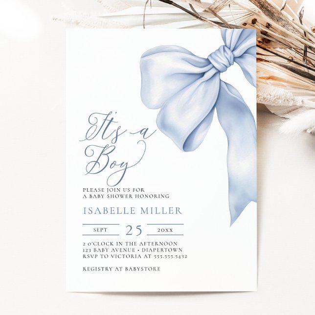 It's a Boy Blue Bow Baby Shower Invitation (Creator Uploaded)