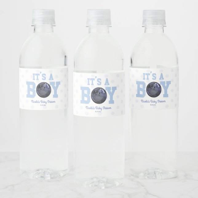 It's A Boy! Blue Bowling Ball Baby Shower Water Bottle Label (Bottles)