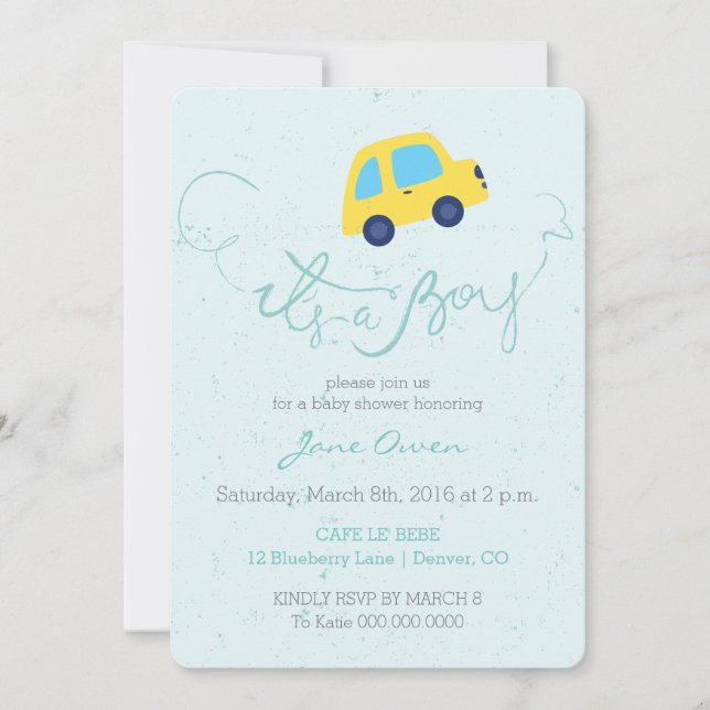 It's a boy blue bus baby shower invitation (Front)