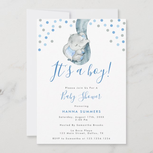 It's A Boy Blue Elephant Baby Shower Invitation (Front)