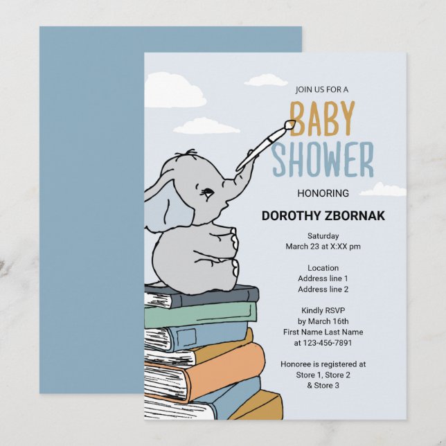 It's a Boy! Blue Elephant Baby Shower Invites (Front/Back)