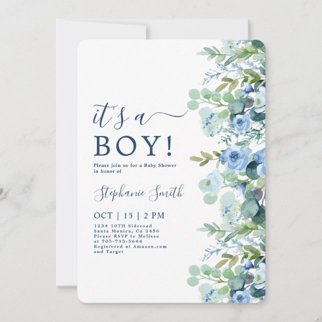 It's a Boy Blue Floral Baby Shower Invitation (Front)