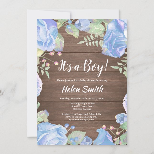 It's A Boy Blue Floral Baby Shower Rustic Wood Invitation (Front)