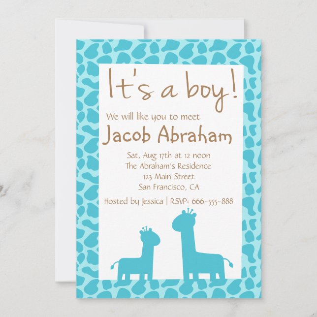 Its a Boy Blue Giraffe Silhouettes Baby Boy Shower Invitation (Front)