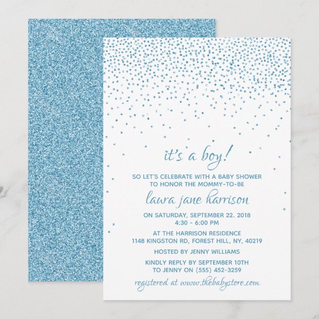 It's a Boy! Blue Glitter Confetti Baby Shower Invitation (Front/Back)