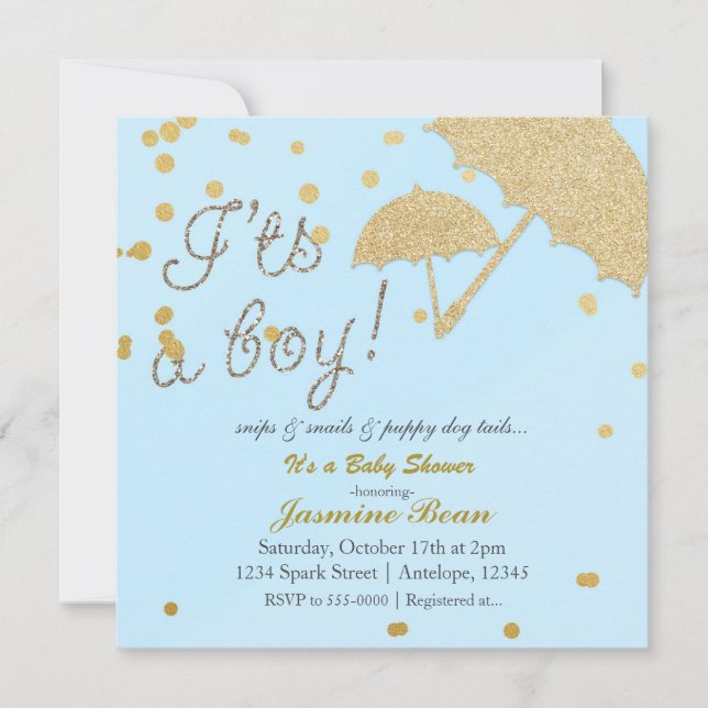 IT'S A BOY Blue & Gold Baby Shower Invitation (Front)