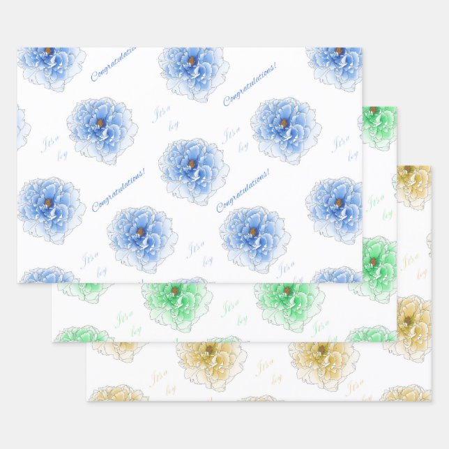 It's a Boy Blue Green Yellow Flowers  Wrapping Paper Sheet (Set)