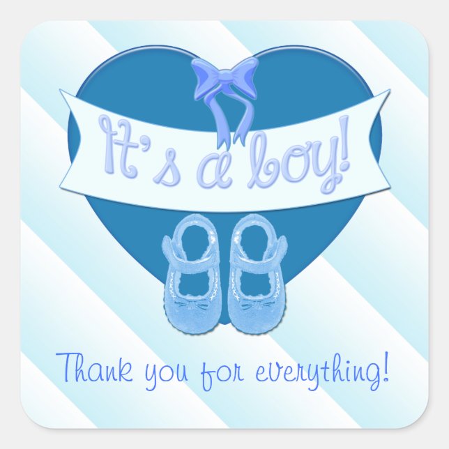 It's a boy Blue Heart Bow Shoes Baby Boy Shower Square Sticker (Front)