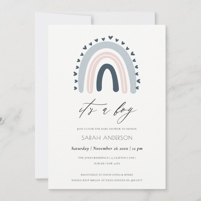 IT'S A BOY BLUE HEART RAINBOW BABY SHOWER INVITE (Front)