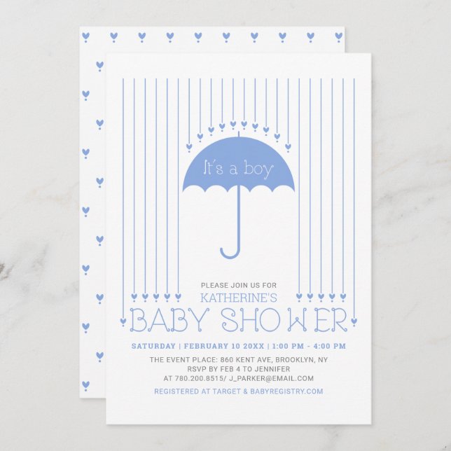 It's a boy | Blue Hearts & Umbrella Baby Shower Invitation (Front/Back)