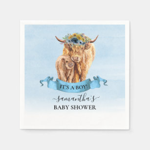  It's a Boy Blue Highland Cow Calf Baby Shower  Napkin
