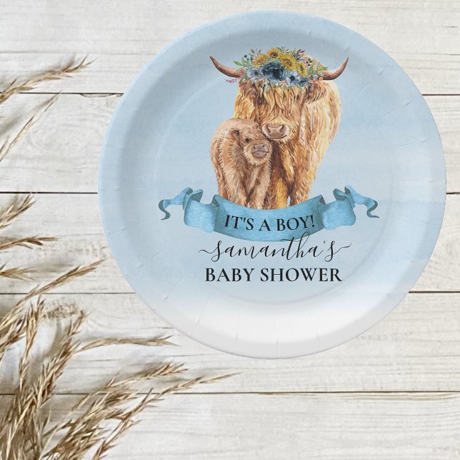  It's a Boy Blue Highland Cow Calf Baby Shower   Paper Plate (Creator Uploaded)