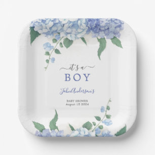  It's A Boy Blue Hydrangea Botanical Baby Shower Paper Plate
