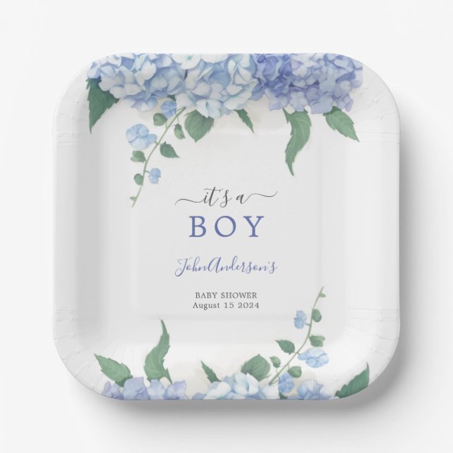  It's A Boy Blue Hydrangea Botanical Baby Shower Paper Plate (Front)
