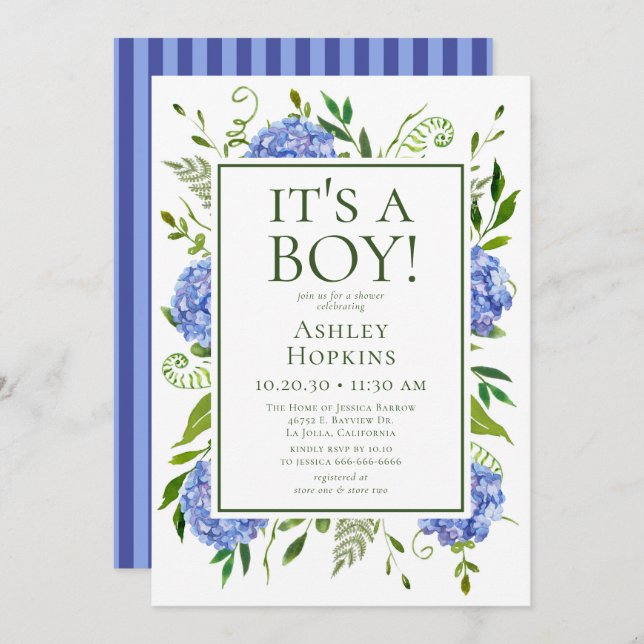 It's A Boy Blue Hydrangeas Baby Shower  Invitation (Front/Back)