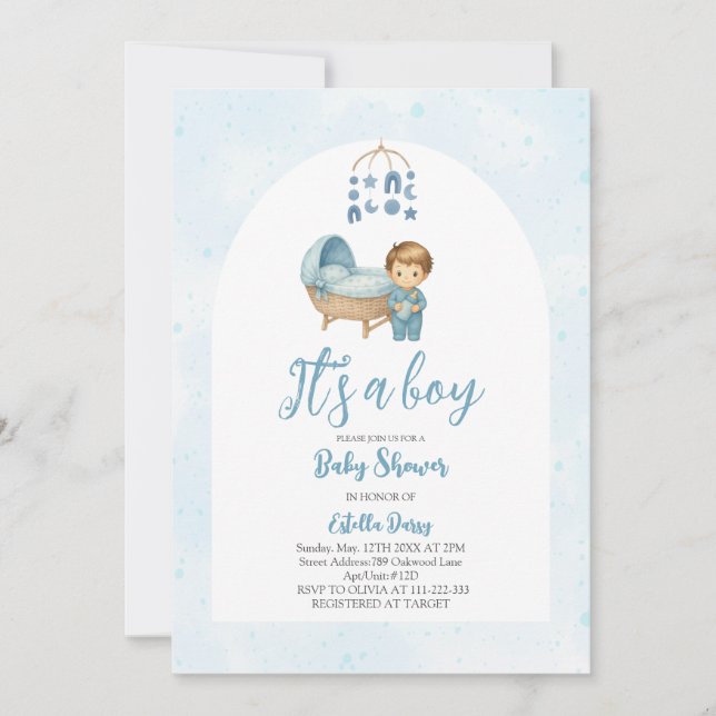 It's a Boy Blue Mobile Crib Baby Cot Baby Shower  Invitation (Front)