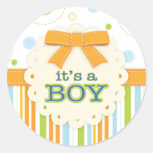 It's a Boy Blue Orange Green in Stitches Baby Bow Classic Round Sticker