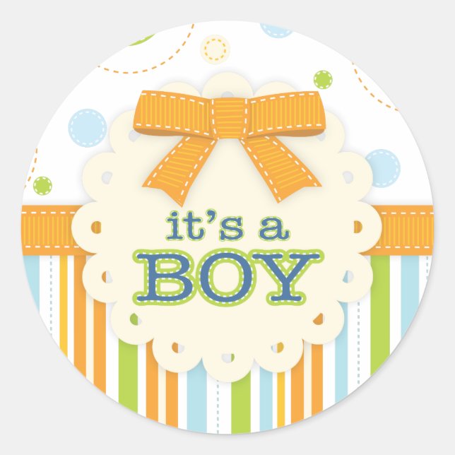 It's a Boy Blue Orange Green in Stitches Baby Bow Classic Round Sticker (Front)