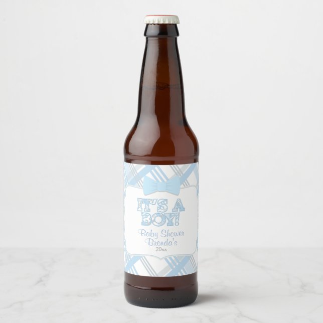 It's A Boy, Blue Plaid Baby Shower Beer Bottle Label (Front)