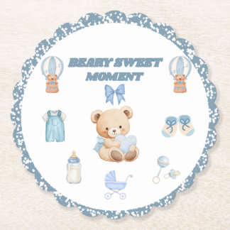 IT'S A BOY BLUE ROUND SCALLOPED BEAR BABY SHOWER PAPER COASTER