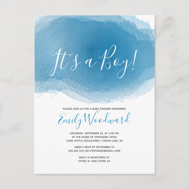 It's a Boy! Blue Watercolor Baby Shower Invitation Postcard (Front)
