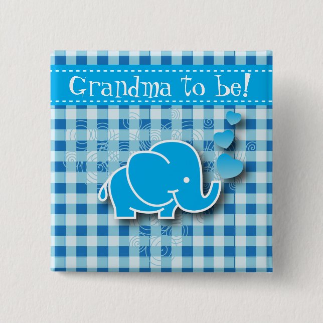 It's A Boy, Blue & White Plaid with Baby Elephant 2 Inch Square Button (Front)