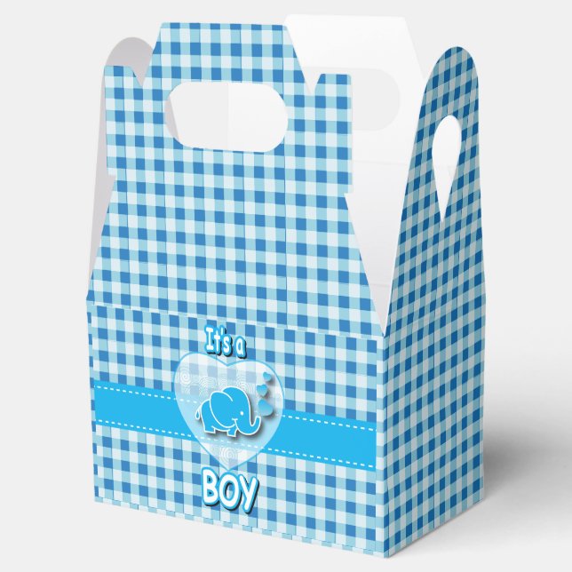 It's A Boy, Blue & White Plaid with Baby Elephant Favor Box (Opened)