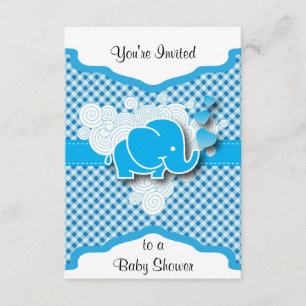It's A Boy, Blue & White Plaid with Baby Elephant Invitation