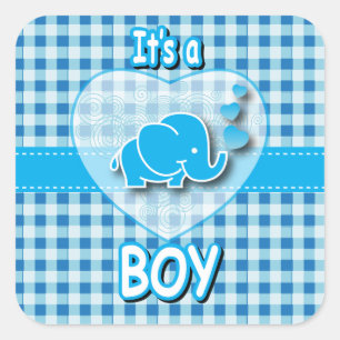 It's A Boy, Blue & White Plaid with Baby Elephant Square Sticker