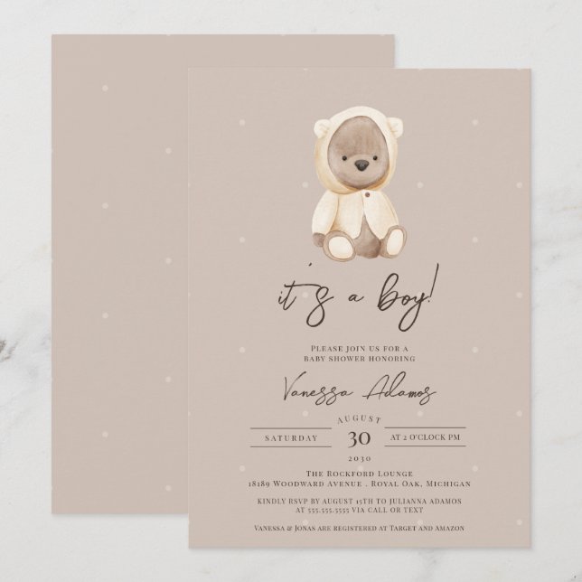 It's a boy boho teddy bear baby shower invitation (Front/Back)