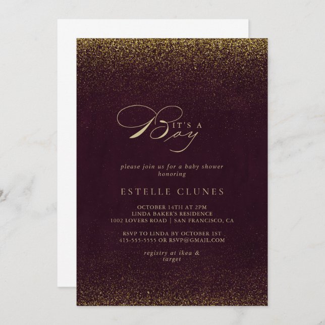 It's A Boy Burgundy Gold Glitter Baby Shower   Invitation (Front/Back)