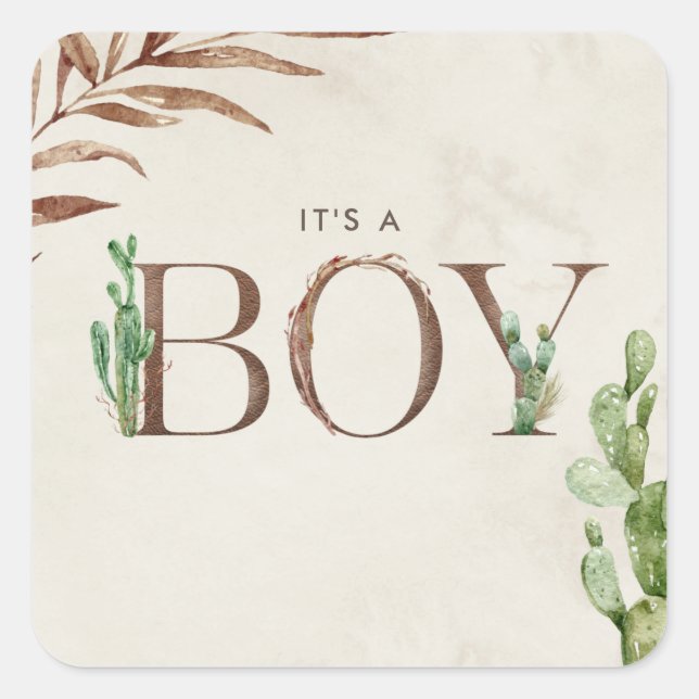 It's A Boy Cactus Leather Baby Shower Square Sticker (Front)