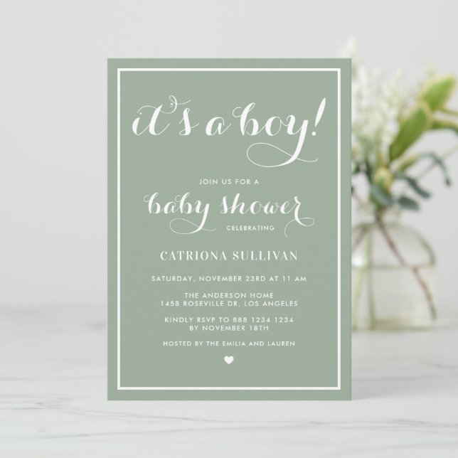 It's a Boy Calligraphy Sage Green Baby Shower Invitation (Standing Front)