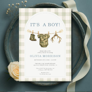 It's a Boy Camo Hunting Gingham Baby Shower Invitation