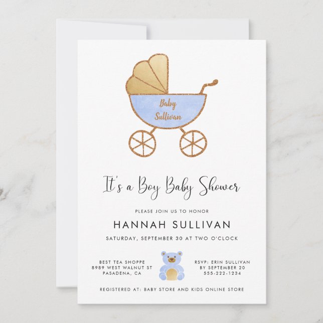 It's a Boy Carriage Blue Gold Watercolor Shower Invitation (Front)