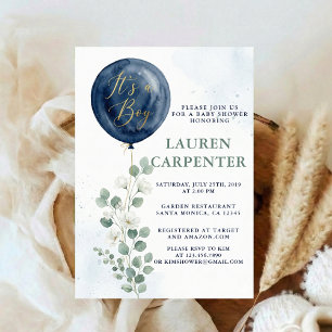 Its a Boy Celebration Navy Blue Balloon Baby Showe Invitation