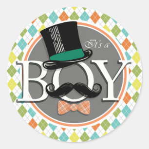 It's a Boy!  Colourful Argyle Classic Round Sticker