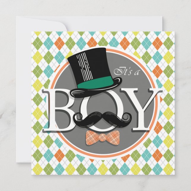 It's a Boy!  Colourful Argyle Invitation (Front)